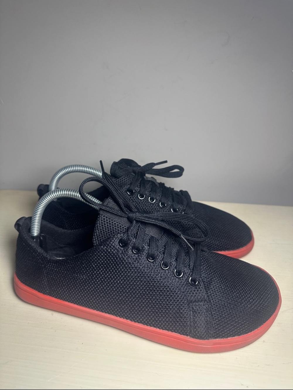 Feel Grounds Black Knit Sneakers with Red Sole